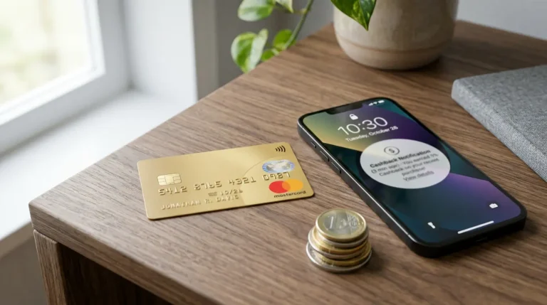 Mastercard Gold neben einem Smartphone mit einer Cashback-Benachrichtigung auf dem Bildschirm