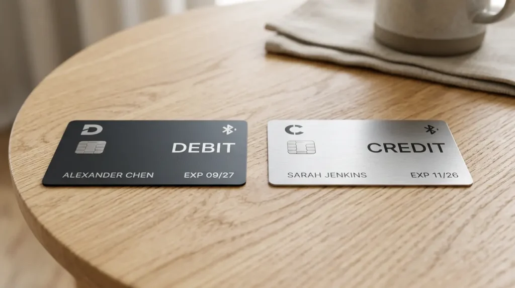 Debit Mastercard und Kreditkarte nebeneinander auf einem Schreibtisch