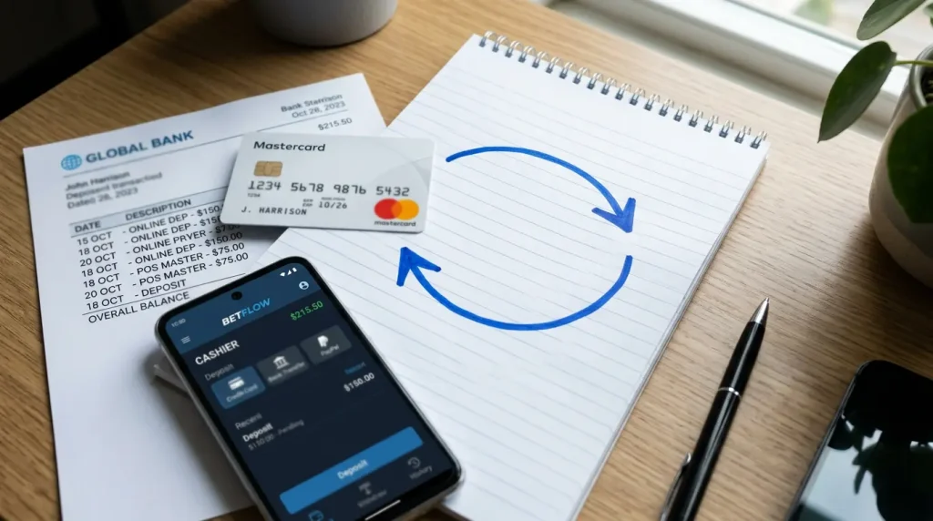 Mastercard und Bankkonto-Symbol verbunden durch kreisförmige Pfeile als Zahlungskreislauf-Darstellung