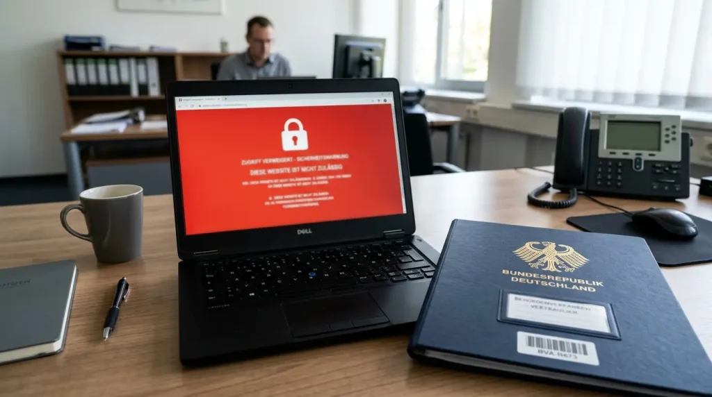 Laptop-Bildschirm mit einem gesperrten Webseiten-Hinweis und einem GGL-Logo im Vordergrund