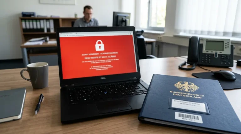 Laptop-Bildschirm mit einem gesperrten Webseiten-Hinweis und einem GGL-Logo im Vordergrund