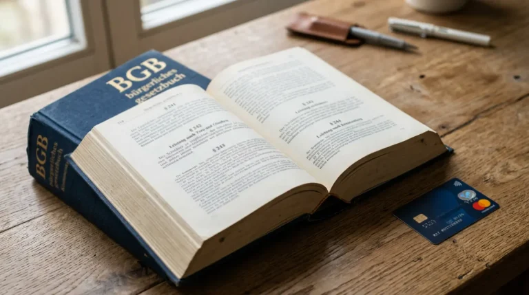Aufgeschlagenes Gesetzbuch mit Paragrafenzeichen neben einer Kreditkarte auf einem Schreibtisch
