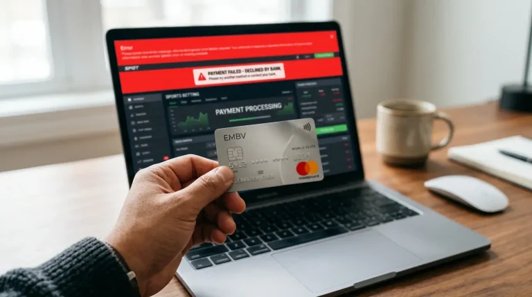 Hand hält eine Mastercard vor einem Laptop mit einer Fehlermeldung auf dem Sportwetten-Zahlungsbildschirm