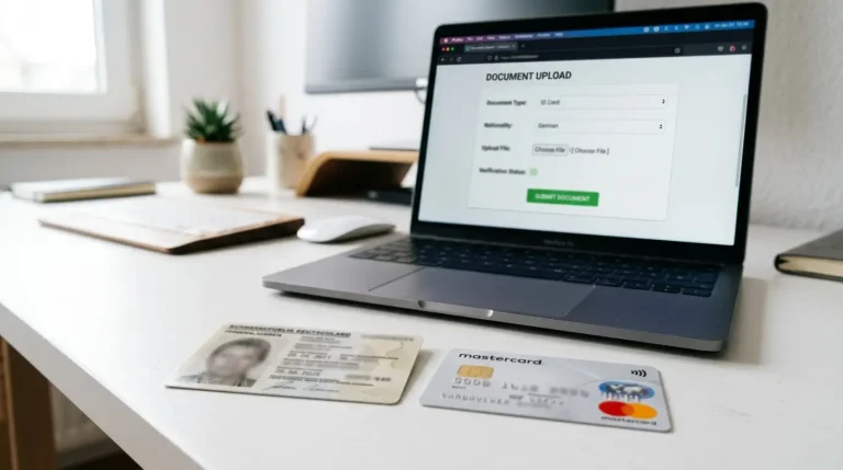 Personalausweis und Mastercard nebeneinander auf einem Schreibtisch neben einem Laptop mit Verifizierungsformular