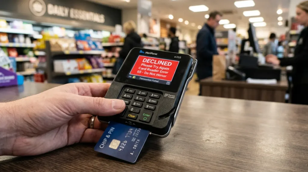 Kreditkartenterminal mit einer abgelehnten Transaktion auf dem Display