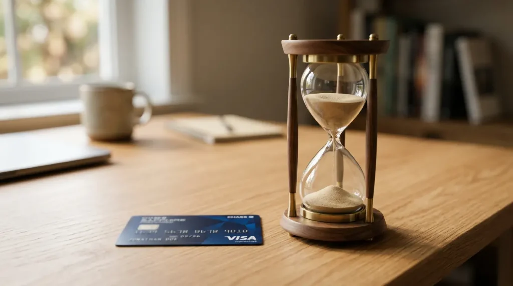 Kreditkarte neben einer Sanduhr auf einem Schreibtisch