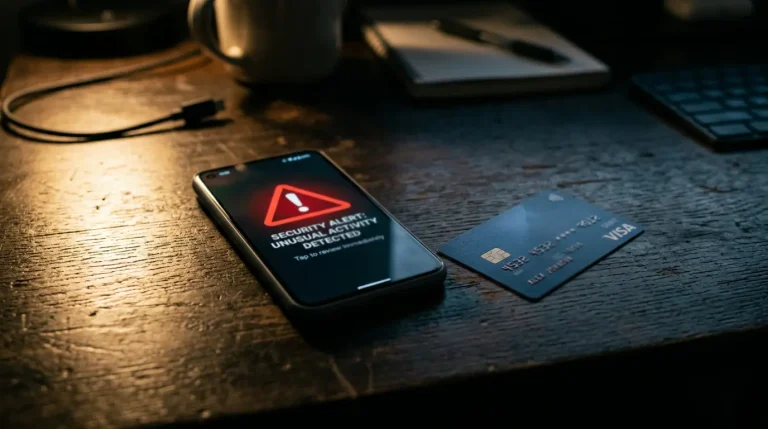 Kreditkarte neben einem Smartphone mit Warnsymbol auf dem Bildschirm