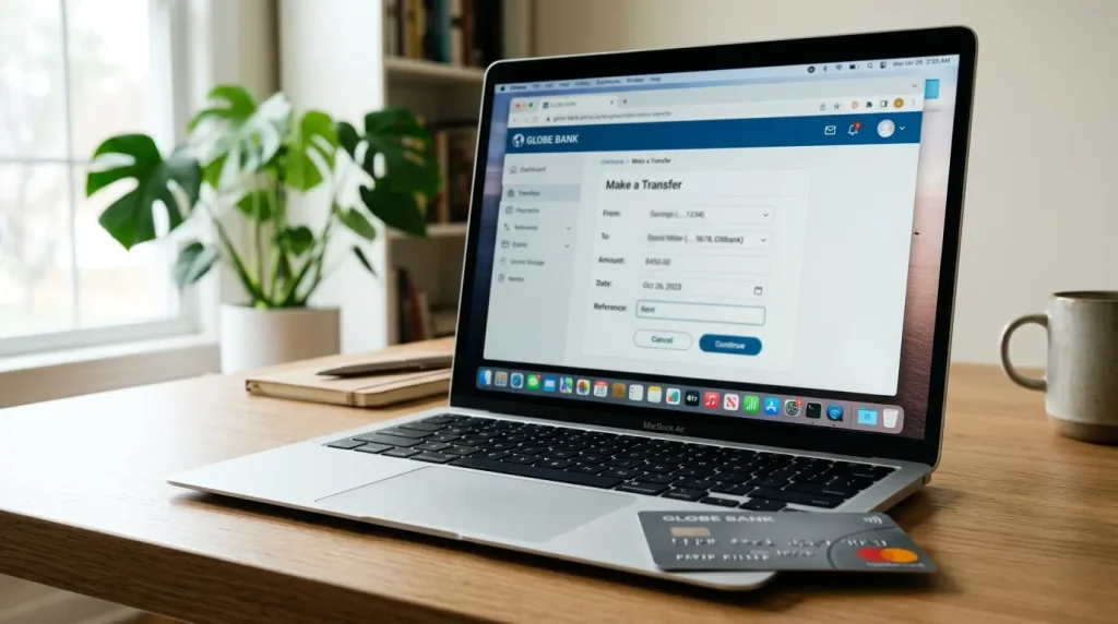 Online-Banking-Oberfläche auf einem Laptop neben einer Mastercard auf einem Schreibtisch