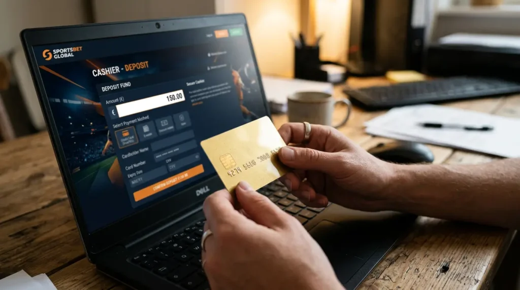 Kreditkarte neben einem Sportwetten-Bildschirm mit Gebührenanzeige