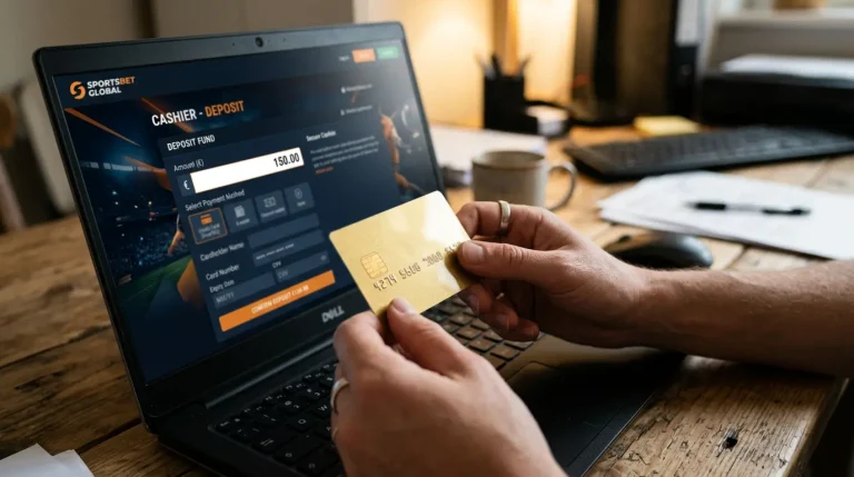 Kreditkarte neben einem Sportwetten-Bildschirm mit Gebührenanzeige
