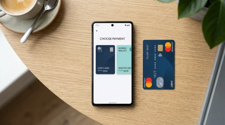 Smartphone mit Sportwetten-App und Zahlungsauswahl zwischen Mastercard und Sofortüberweisung