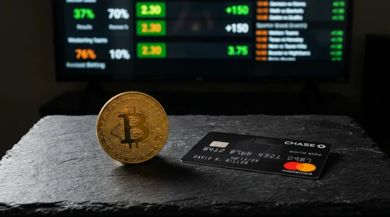 Physische Bitcoin-Münze neben einer Mastercard auf einem Schreibtisch mit Sportwetten-Bildschirm im Hintergrund