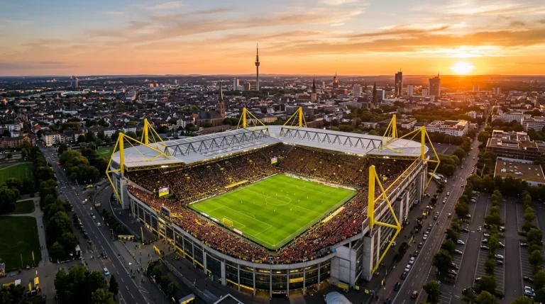 Luftaufnahme eines Fußballstadions in Deutschland bei Abendlicht