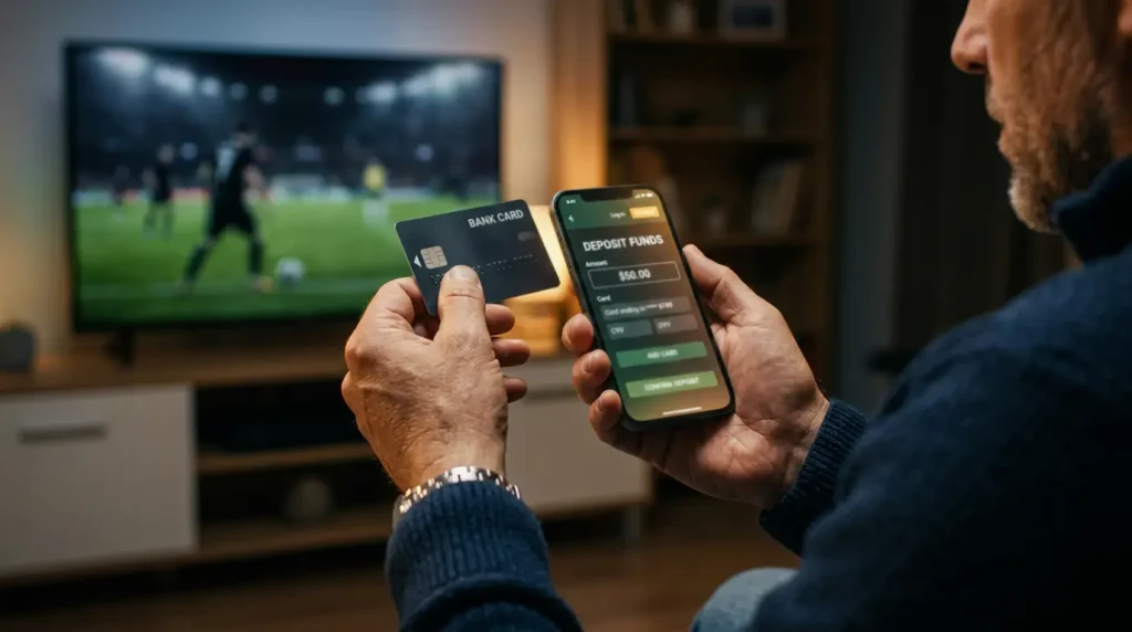 Sportwetten Mastercard Einzahlung – Smartphone mit Wett-App und Kartenzahlung